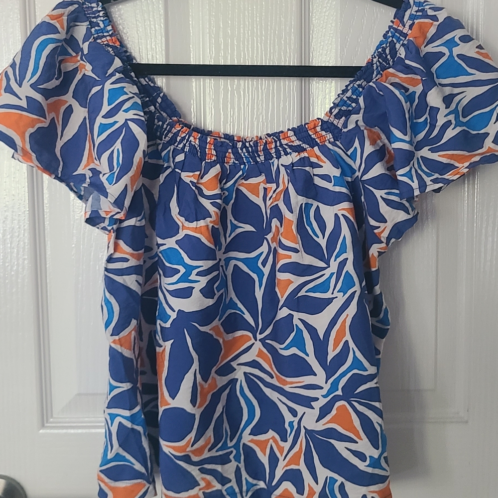 Blue and Orange Leaf Print Women's Top